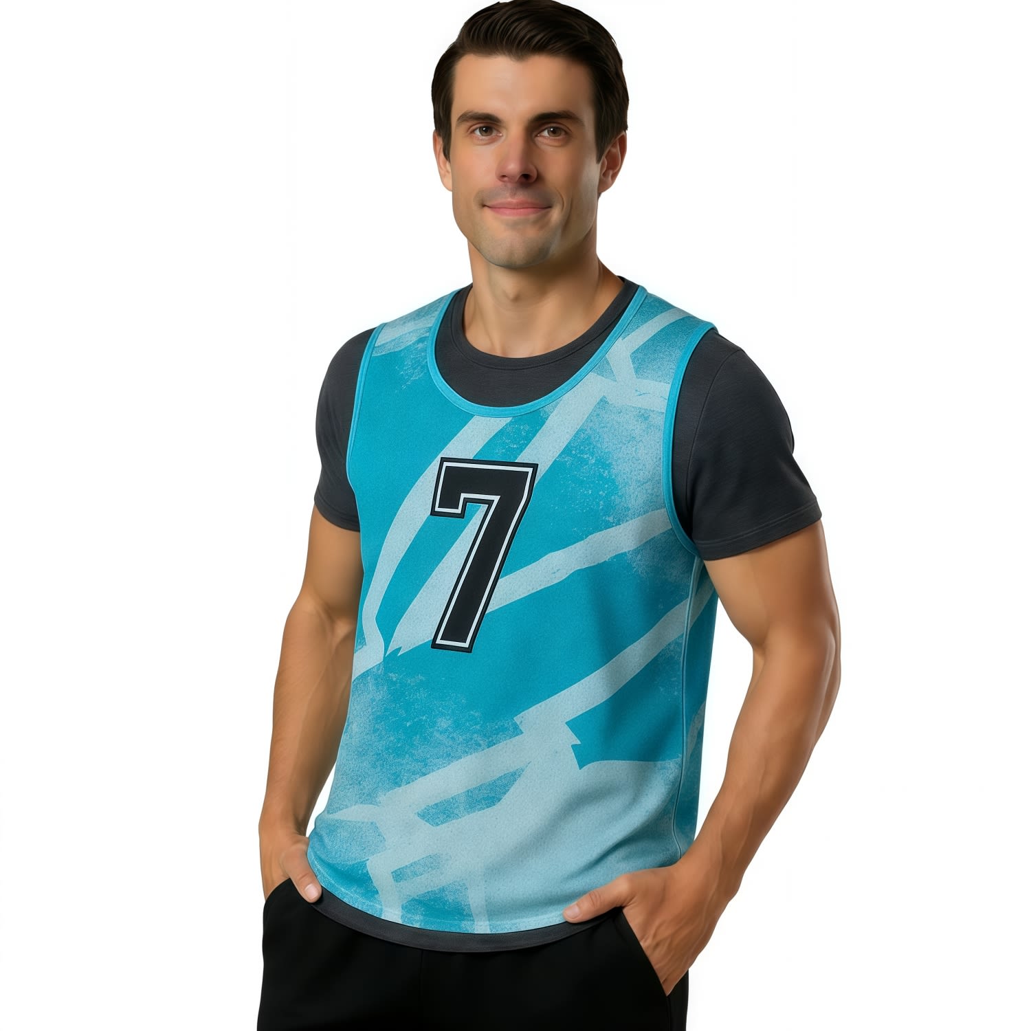 A training bib in blue with a graphic design and a logo, featuring a number 7 on the front. 100% Polyester Mesh Sublimated Training Bib - Image 1
