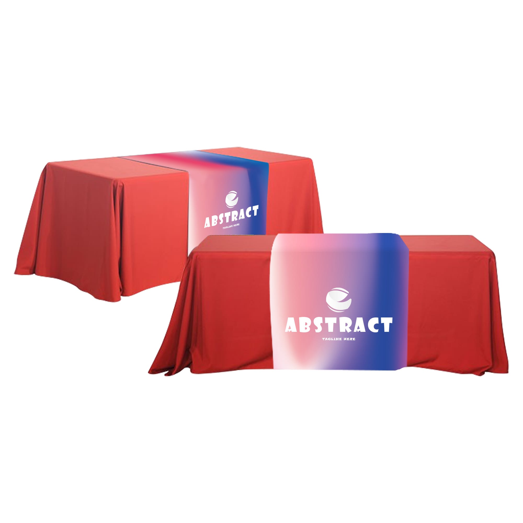 A large red table runner with a central graphic featuring branding and a gradient design. Large Table Runner - Image 1