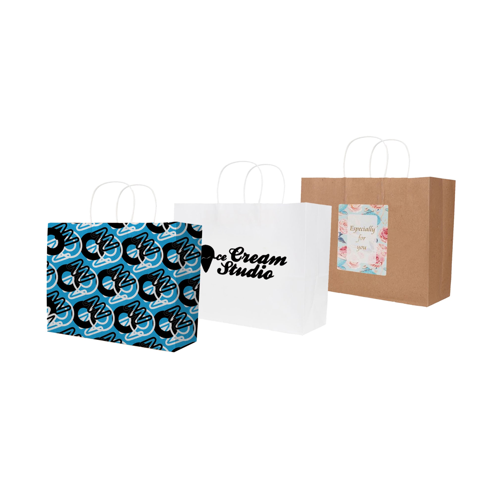 Three Kraft paper bags featuring different designs: one brown, one white with a logo, and one blue patterned bag. Twisted Handle Kraft Paper Bag(320x250x120mm) - Image 1