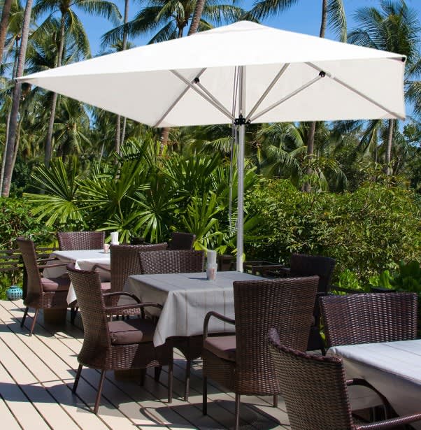 A white café umbrella with a sturdy frame stands over outdoor tables surrounded by lush greenery and palm trees. Café Umbrella No Valance 2m x 2m - Image 1