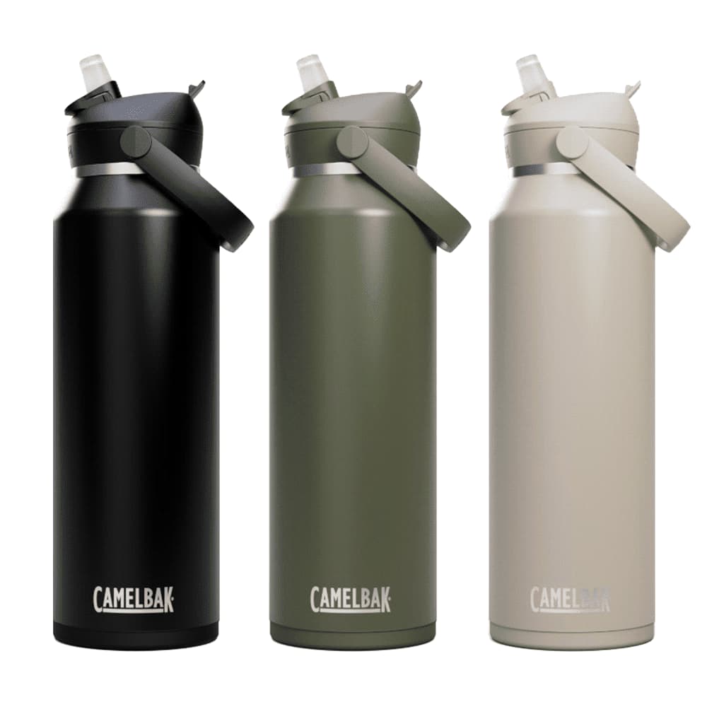 A drink bottle with a flip straw, available in black, olive green, and beige, featuring a logo. CamelBak - Thrive Flip Straw VSS 1.2L - Image 1