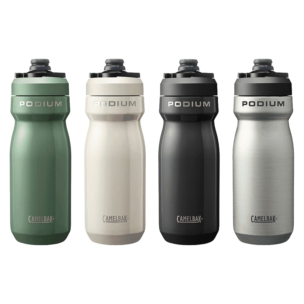 A drink bottle collection featuring insulated stainless steel in green, cream, black, and silver, each with a logo. CamelBak - Podium Insulated Steel 0.5L - Image 1