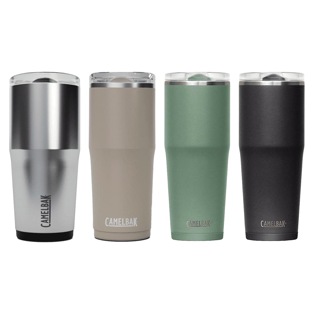 A drink bottle set featuring four tumblers in silver, beige, green, and black, each with a logo. CamelBak - Thrive Tumbler VSS 0.9L - Image 1