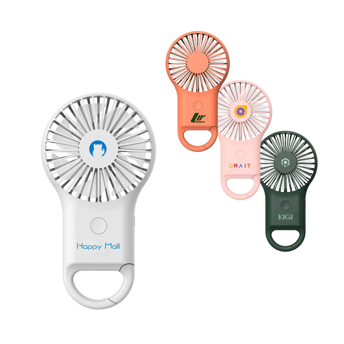 A collection of four mini fans with LED lights in white, peach, pink, and dark green, featuring various logos. Mini fan with LED light - Image 1