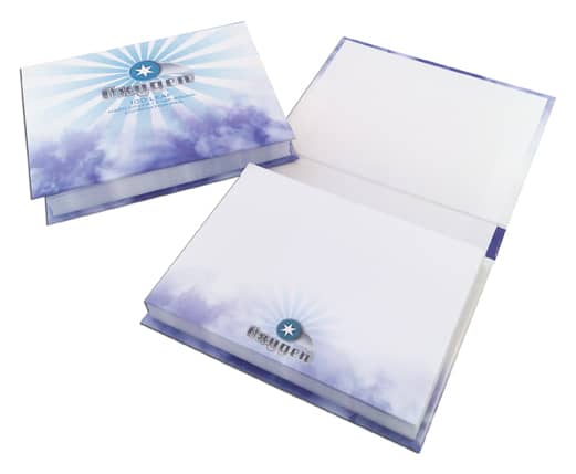 A hard cover notepad with a colourful design, featuring a blue and white cover and blank white pages inside. Hard Cover 100 Leaf 4 Col Cover 4 Col Pad - Image 1