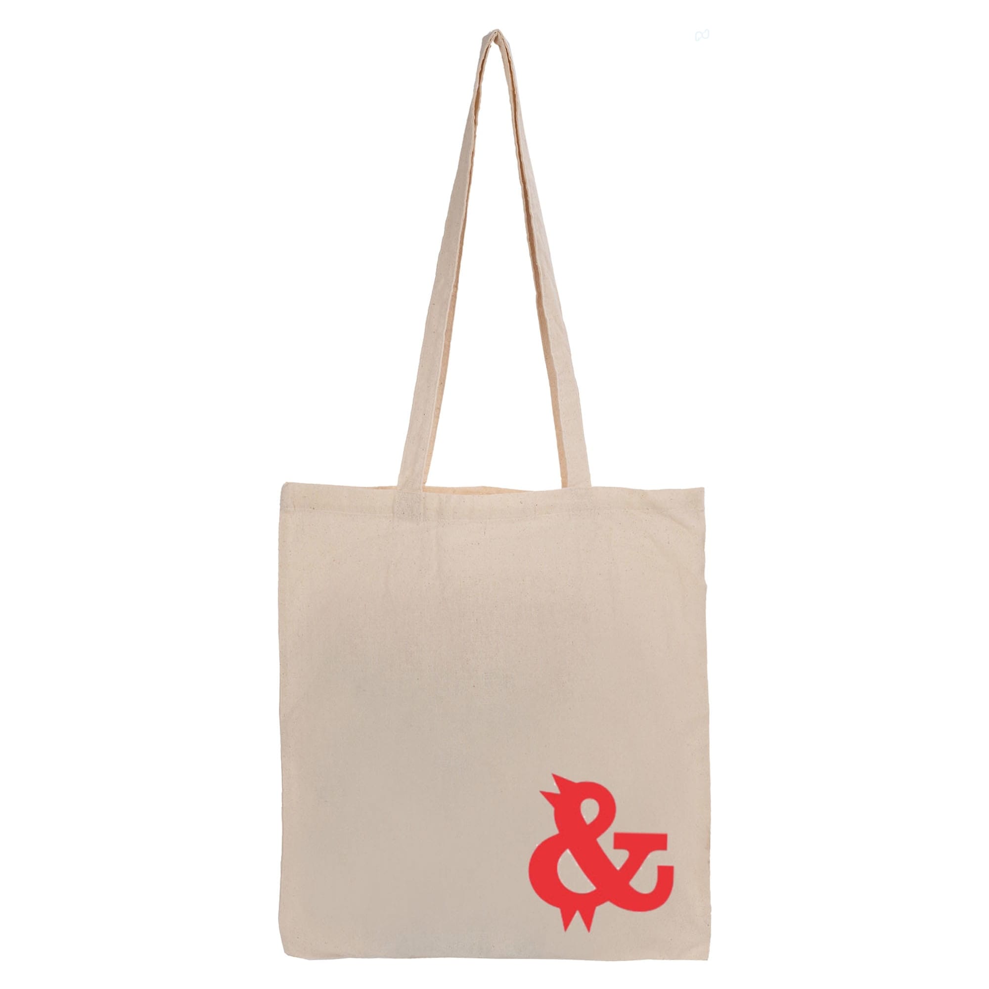 A beige tote bag with long handles featuring a red logo. Long Handle Calico Shopper - Image 1