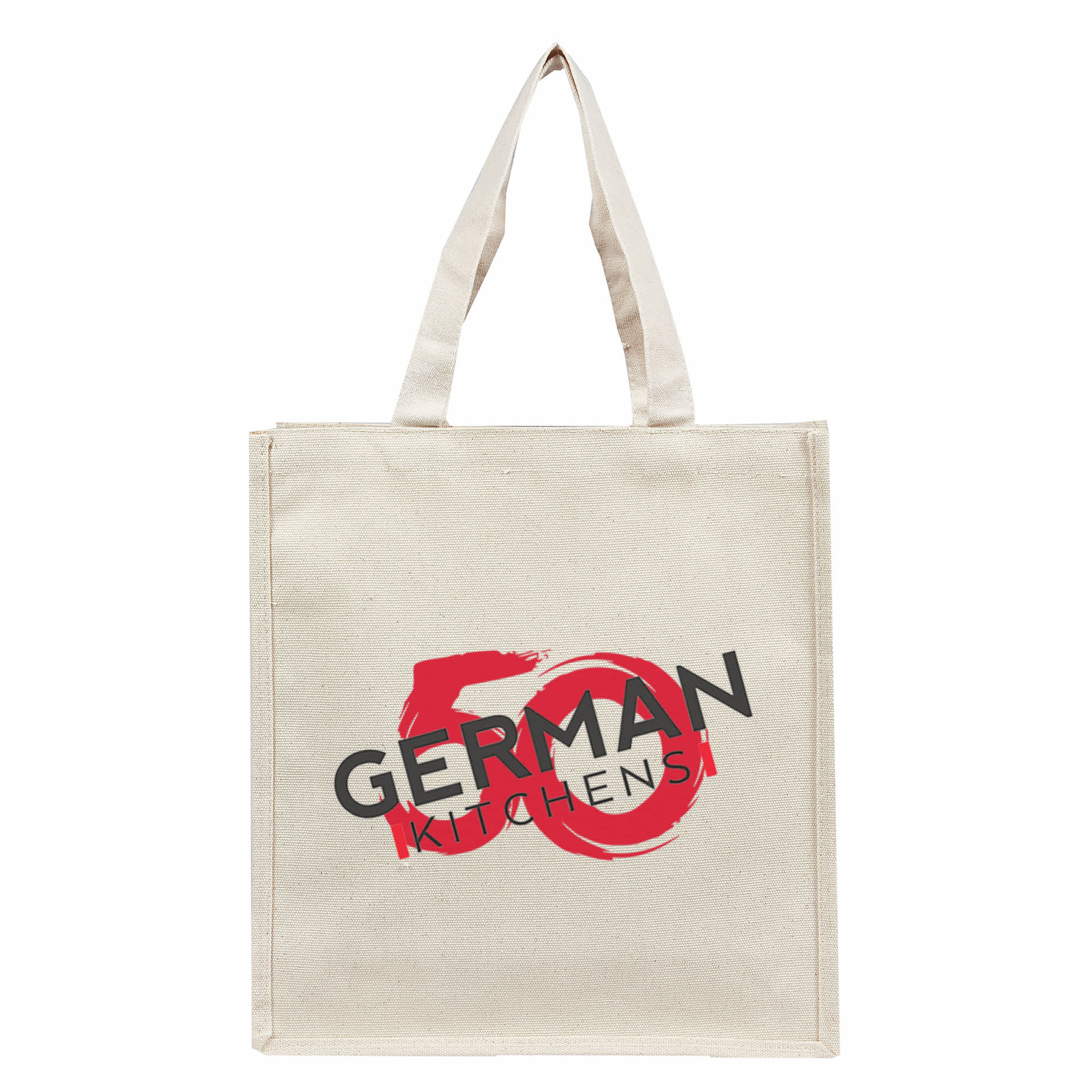 A beige tote bag featuring a logo with red and black text. It has two sturdy handles for easy carrying. 340gsm Executive Canvas Tote Bag - Image 1