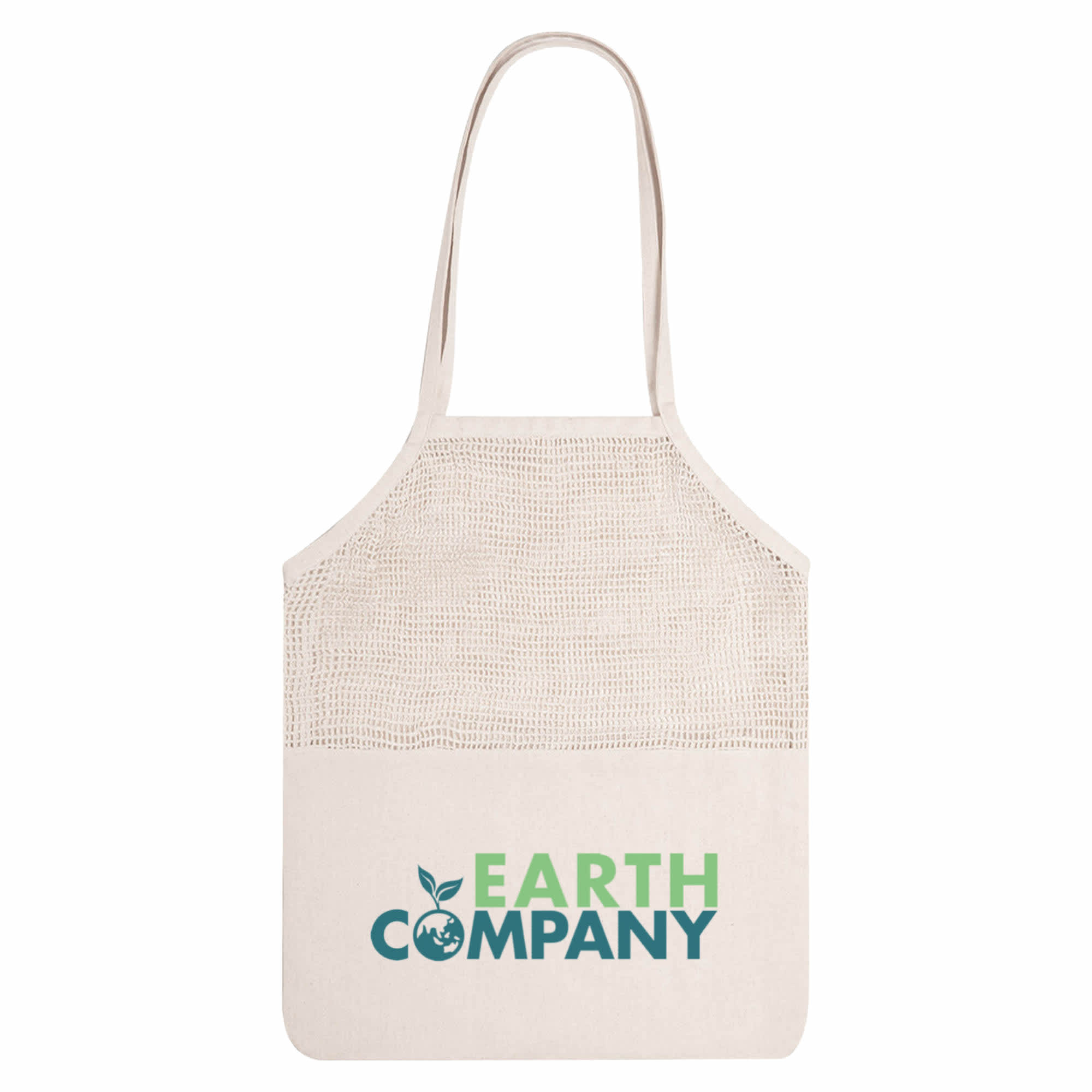 A beige mesh tote bag featuring a logo in green and blue at the bottom half. Jamaica Mesh Calico Tote Bag - Image 1
