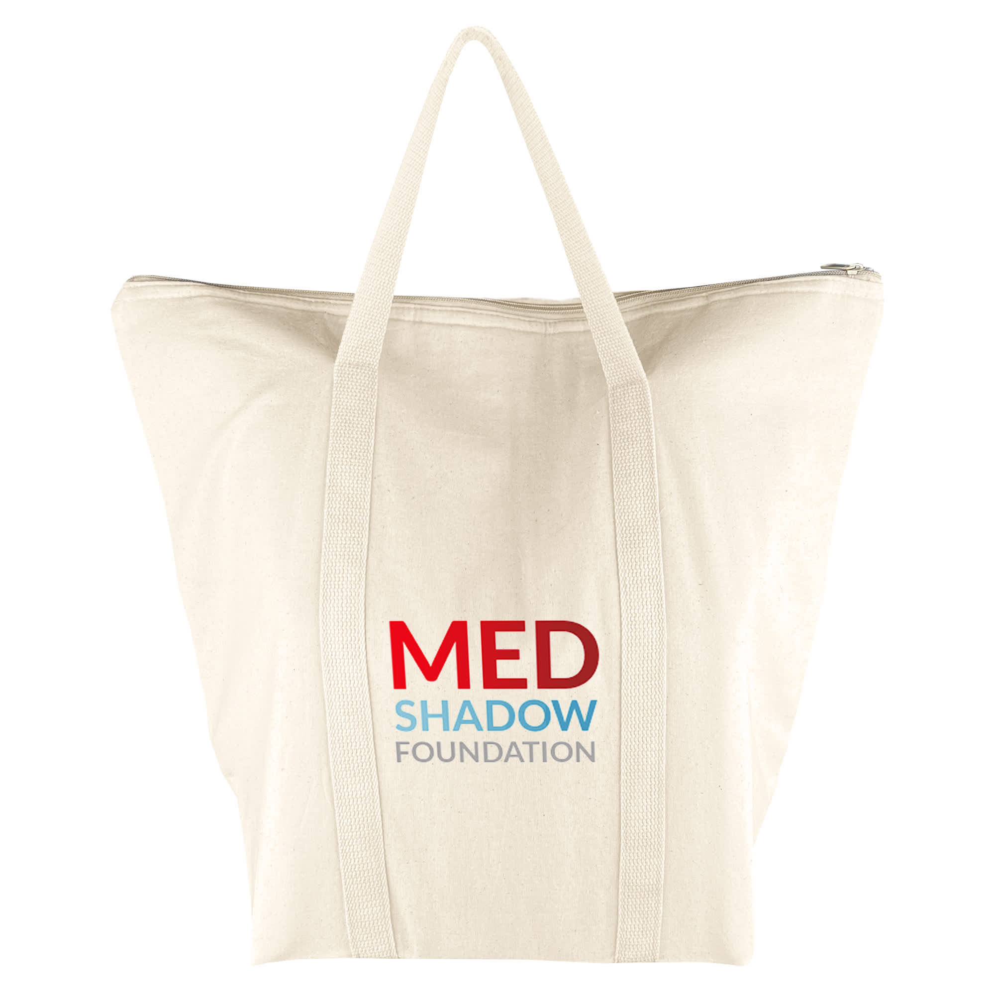 A cotton cooler bag in cream, featuring a logo with red and blue text. It has two sturdy handles and a zip closure. Cotton Cooler Bag - Image 1
