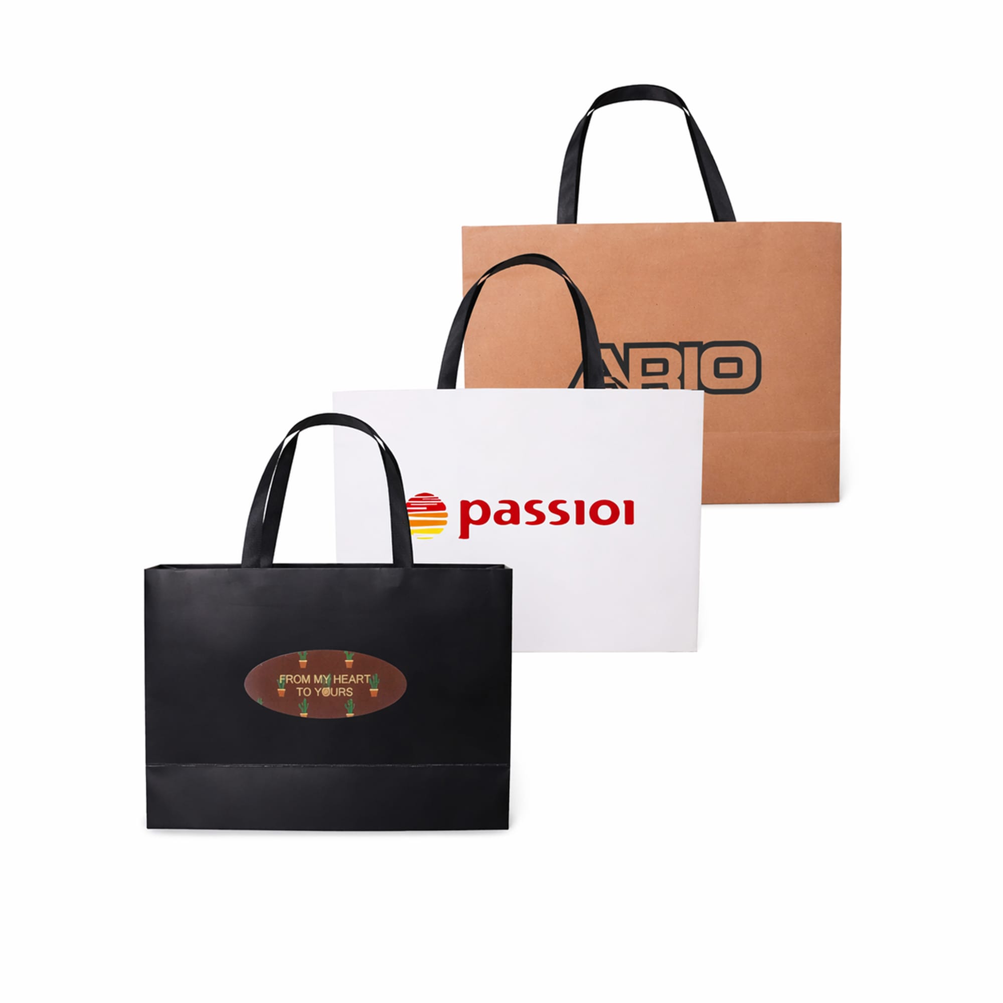 Three large paper bags with flat handles in black, brown, and white, featuring various logos. Large Paper Bag with Flat Handle(380 x 270 x 120mm) - Image 1
