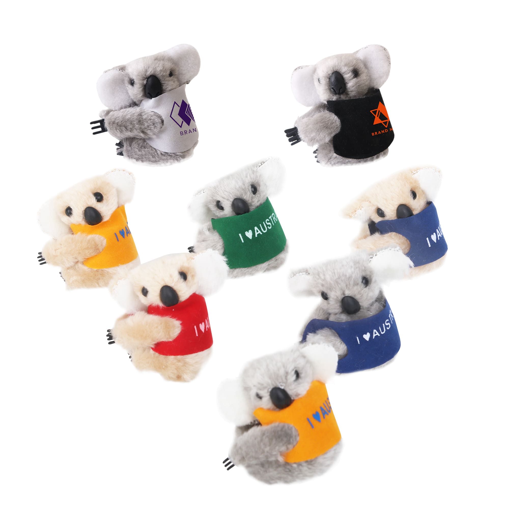 A set of plush koala toys in various colours, each wearing a different colourful shirt and featuring a logo. Koala Clip on Stuffed Plush Toy - Image 1