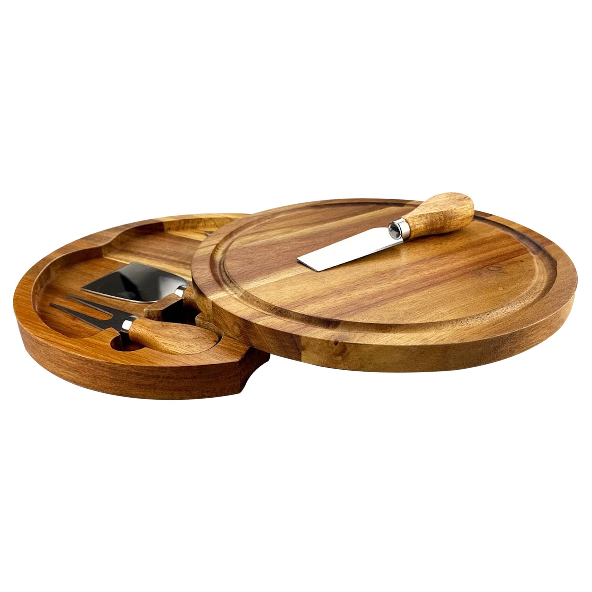 A round wooden cheeseboard with a knife set, featuring a detachable section for storage, in warm wood tones. Exquisite Cheeseboard and Knife Set - Image 1
