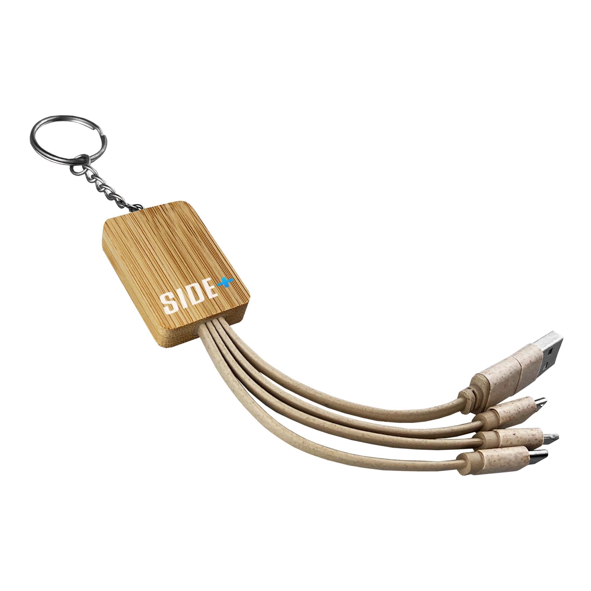 A square bamboo charging cable key ring with multiple connectors and a keychain attachment. Square Bamboo Charging Cable Key Ring - Image 1
