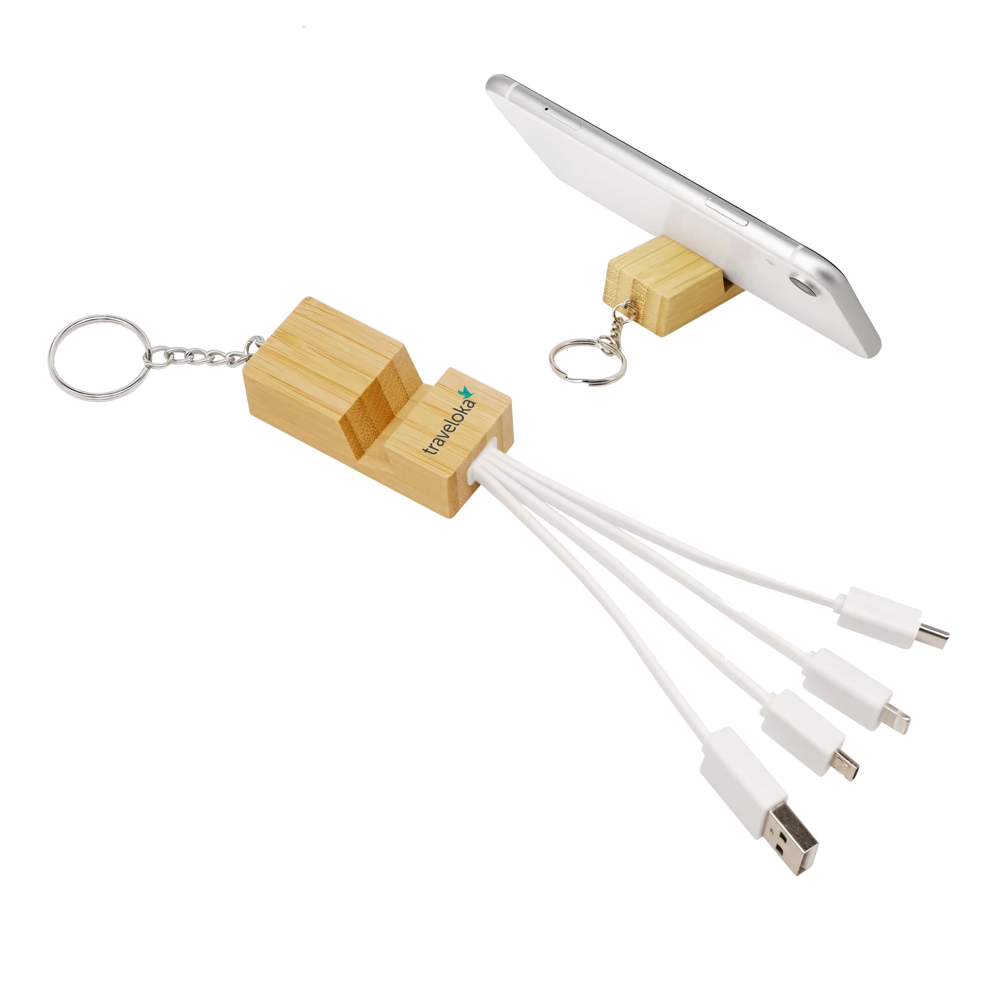 A bamboo phone stand featuring a key ring and multiple charging cables in white, with a logo on the stand. Phone Stand Bamboo Charging Cable Key Ring - Image 1