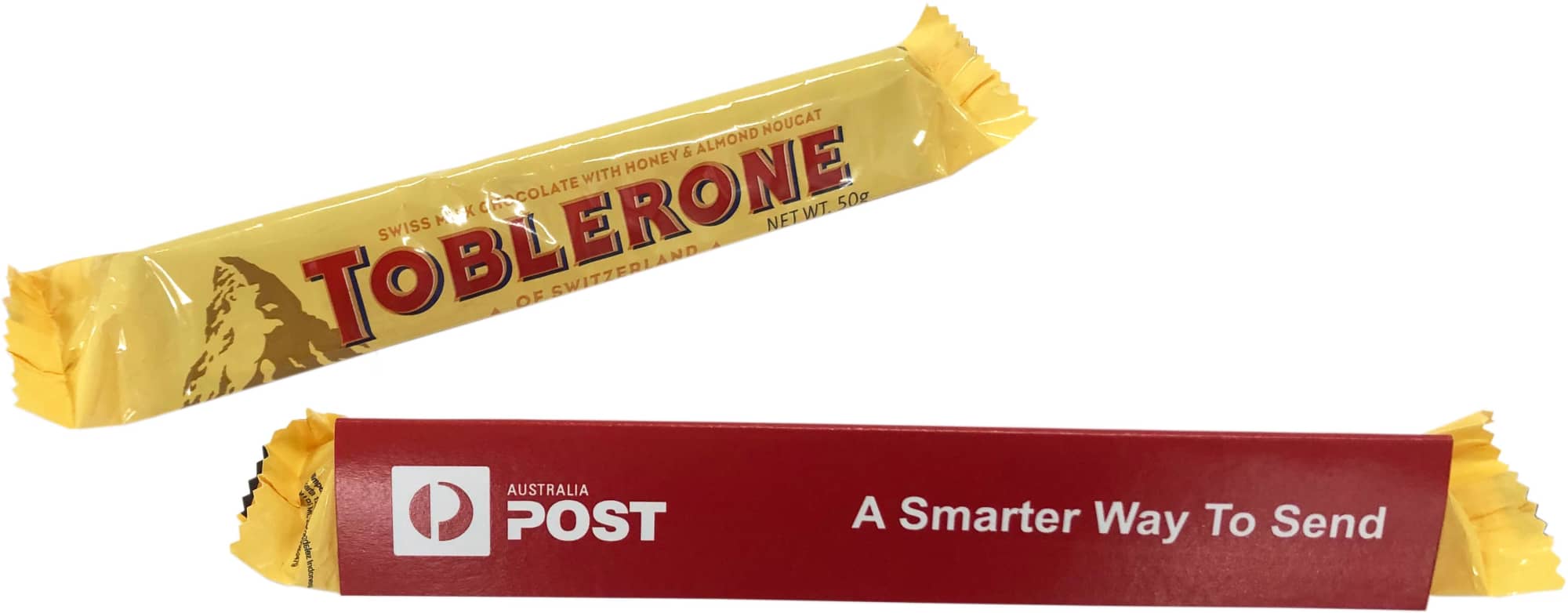 A yellow Toblerone chocolate bar with a sleeve, featuring a logo and promotional text. Toblerone 50g with Sleeve - Image 1