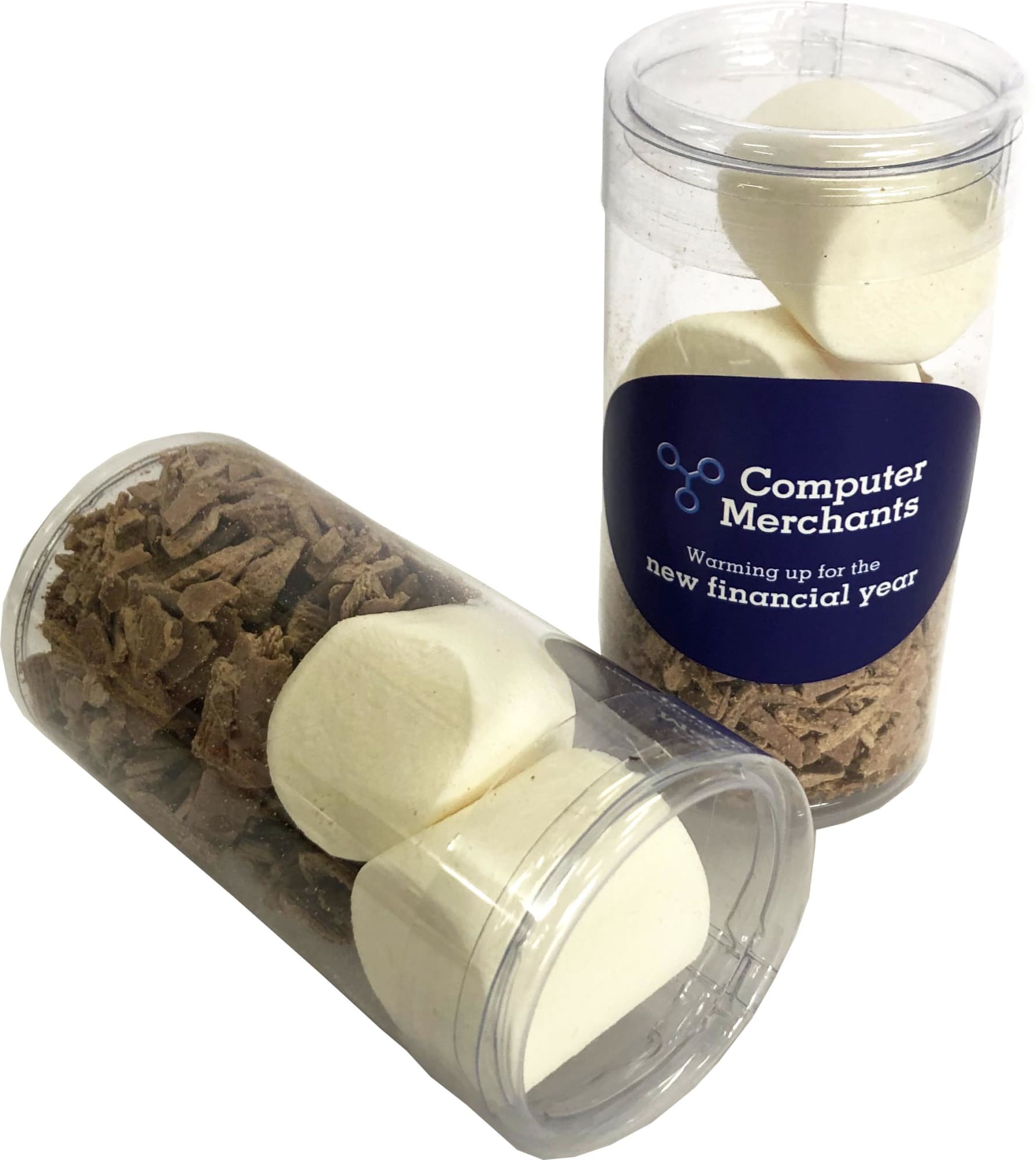 A clear tube containing chocolate shavings and large, white marshmallows, featuring a logo on the side. Hot Chocolate Kit - Lindt - Image 1