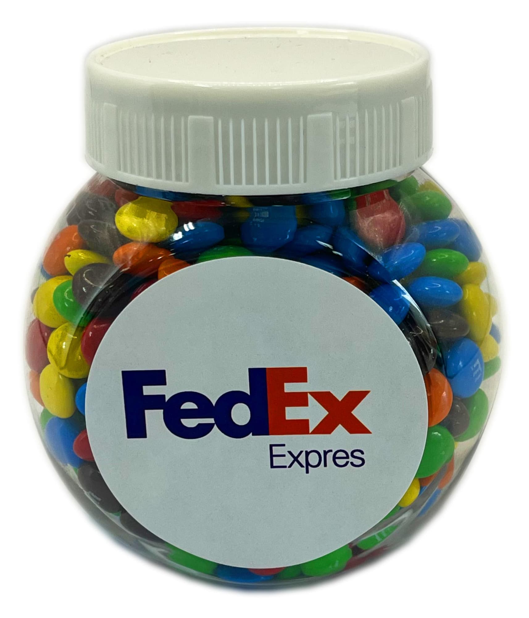 A plastic jar filled with multicoloured M&Ms, featuring a logo on the front. Plastic Jar with Mini M&Ms 145g - Image 1