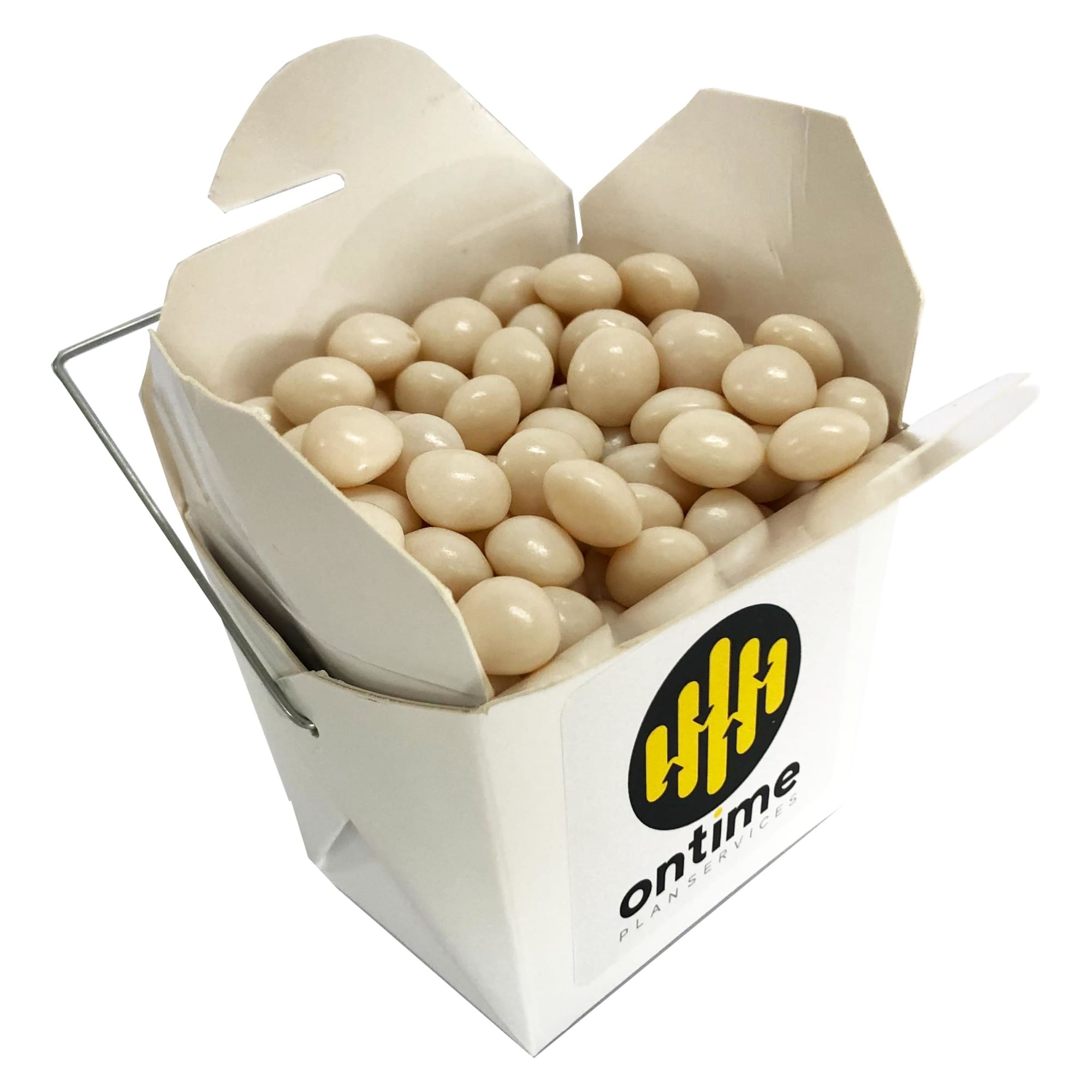 A white cardboard noodle box filled with light cream mints, featuring a logo on the side. White Cardboard Noodle Box with Chewy Mints 100g - Image 1