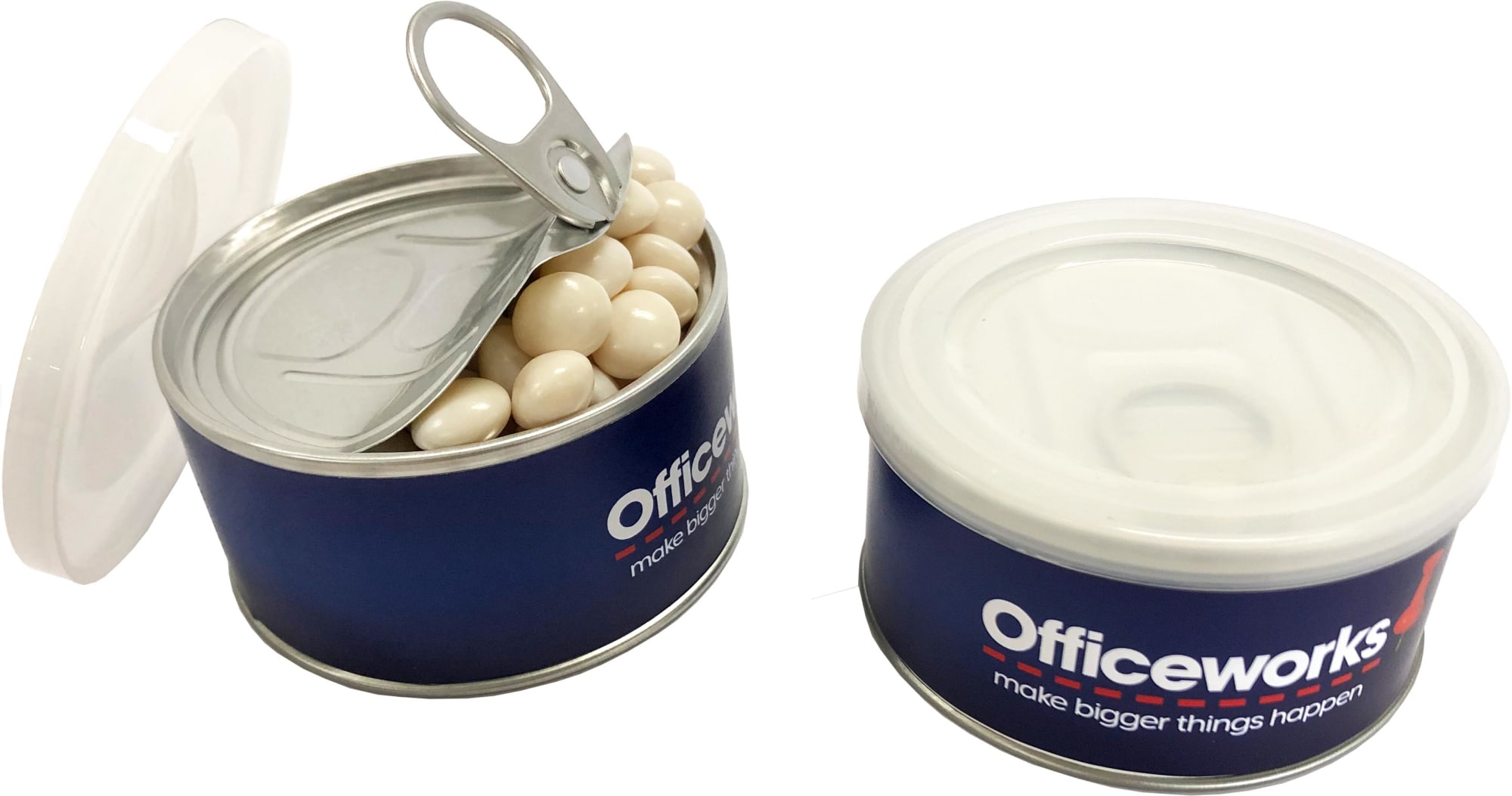 A small pull can containing white mints, featuring a blue design with a logo. Two cans are shown, one open. Small Pull Can with Chewy Mints 90g - Image 1