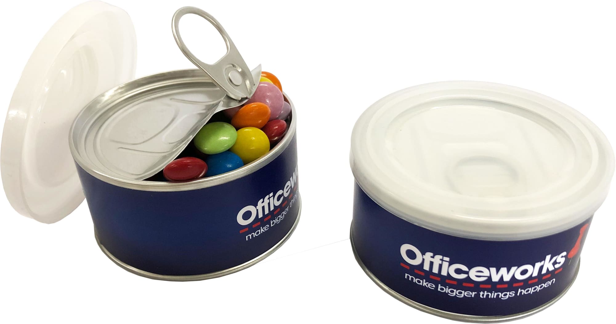 A small pull can containing colourful choc beans, featuring a metallic lid and a branding logo. Small Pull Can with Choc Beans 90g - Image 1