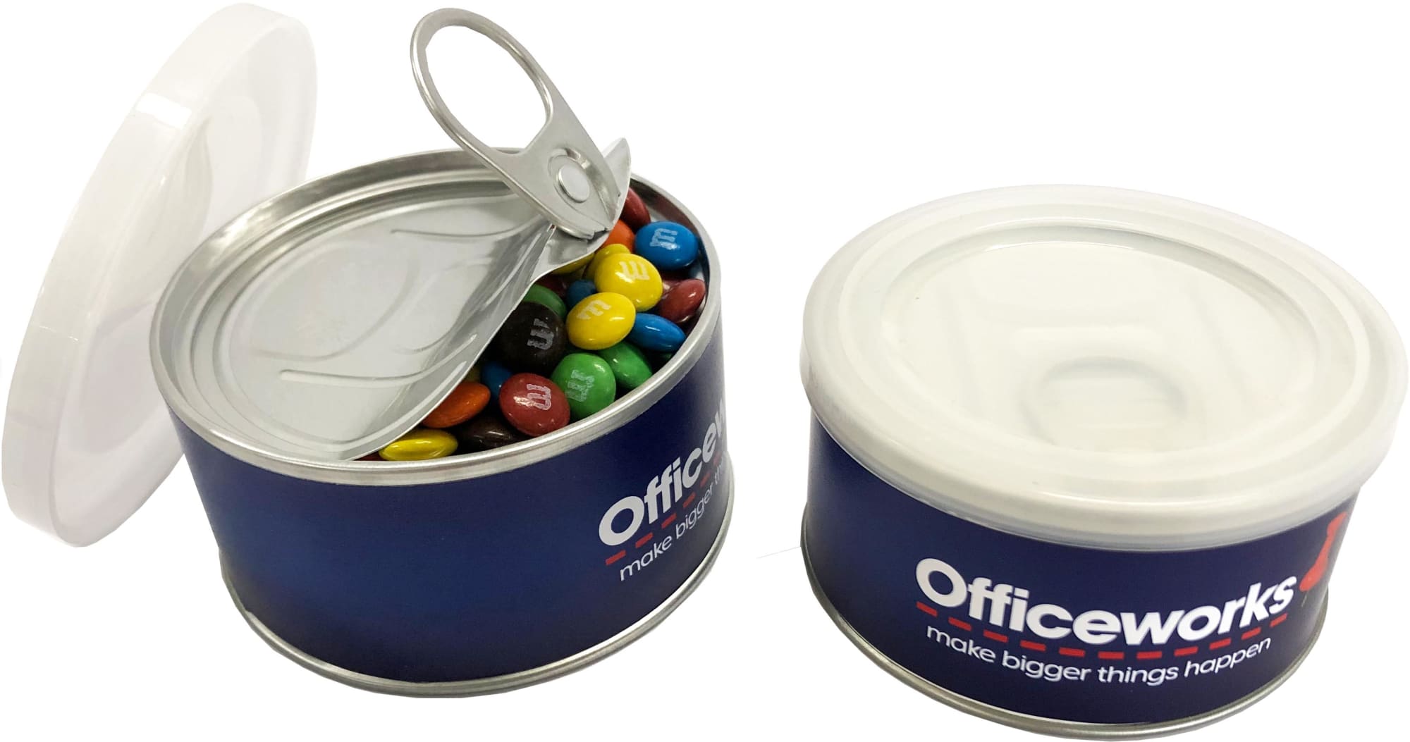 A small pull can with a silver lid, filled with colourful Mini M&Ms, featuring a logo on the side. Small Pull Can with Mini M&Ms 90g - Image 1