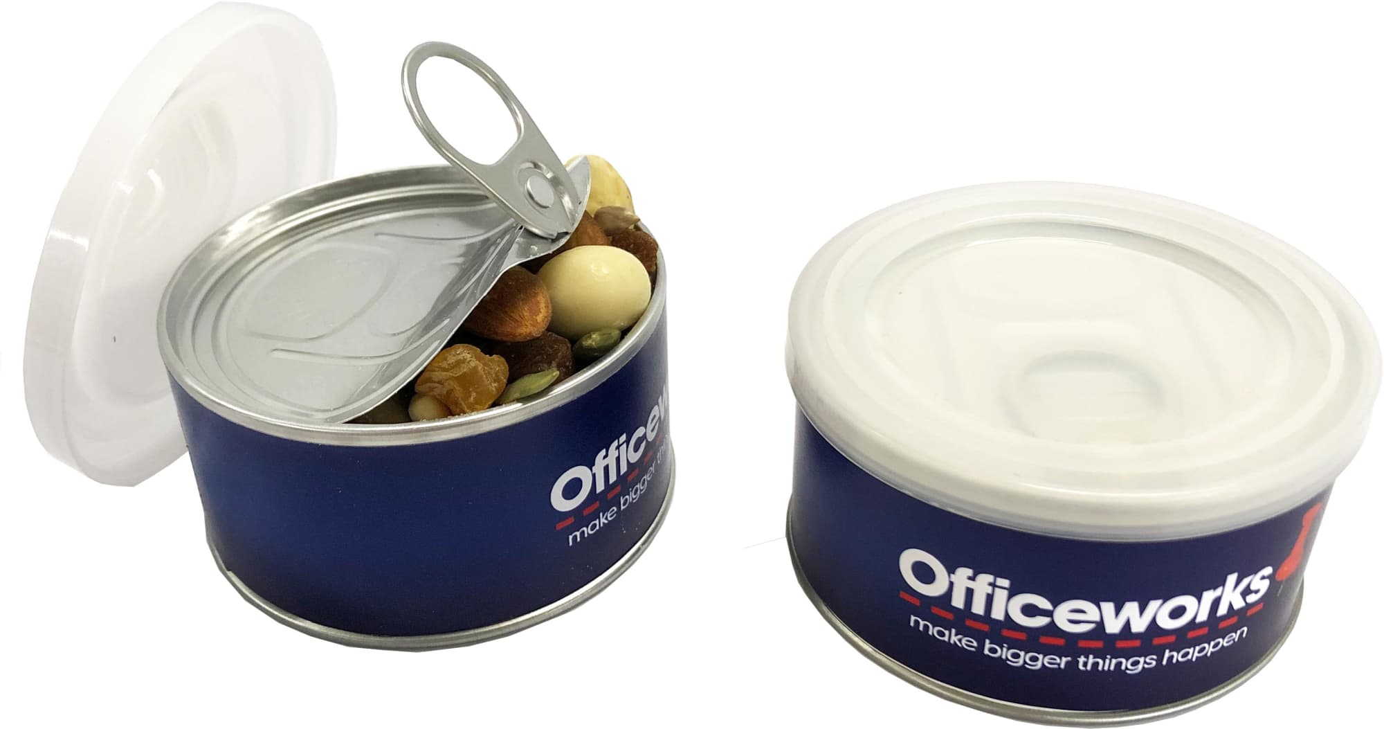 A small blue pull can containing a mix of nuts and yoghurt-covered treats, with a silver lid and branding. Small Pull Can with Yoghurt Trail Mix 50g - Image 1