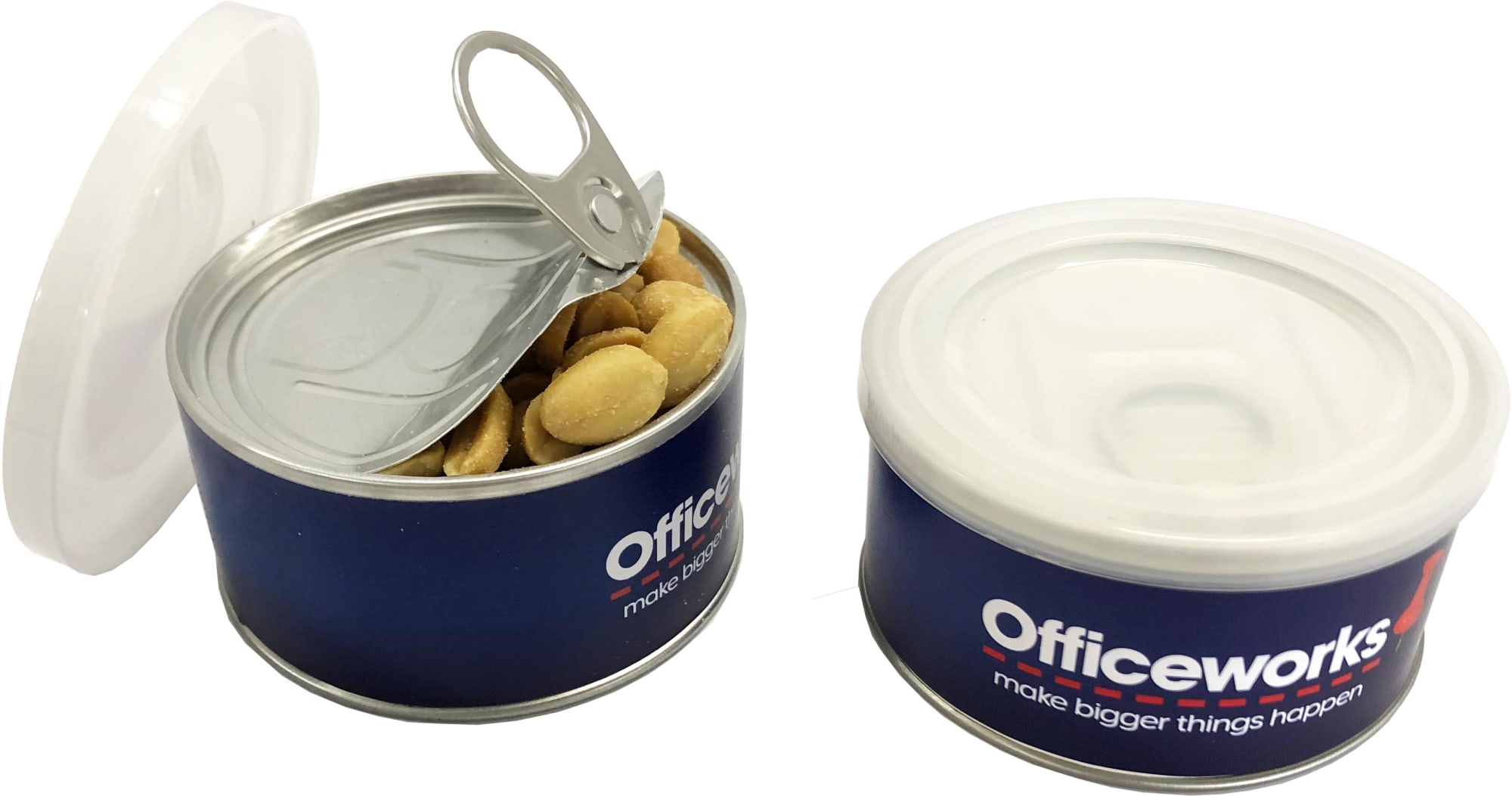 A small blue pull can containing peanuts, featuring a metal tab and a plastic lid. Small Pull Can with Peanuts 50g - Image 1