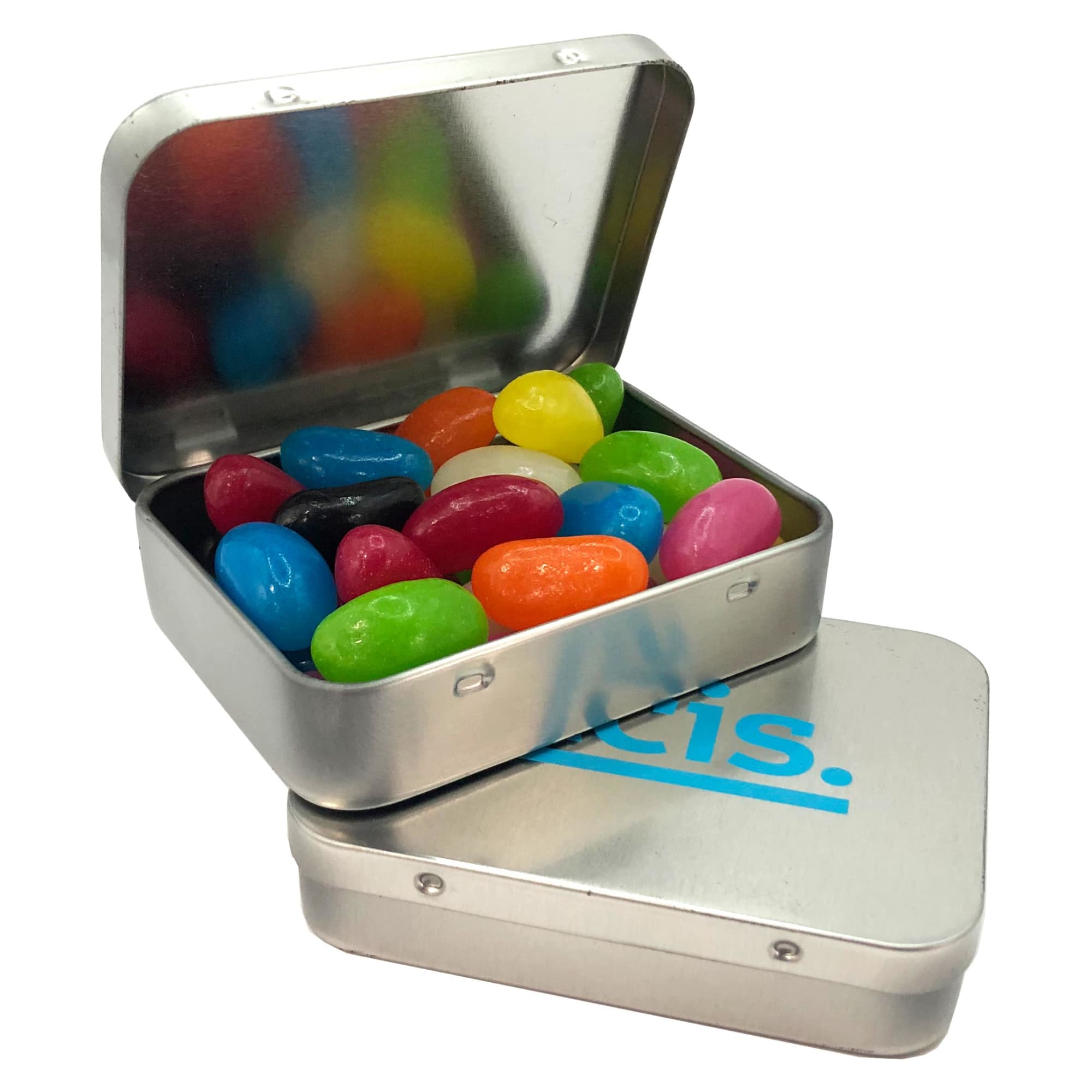 A rectangle tin with a silver finish, containing colourful jelly beans in various shades. The tin has a logo on the lid. Rectangle Hinge Tin with AUSSIE Jelly Beans 65g - Image 1