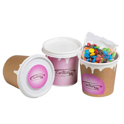 A coffee cup design in brown and pink, filled with colourful M&Ms, with a lid and branding logo. Coffee Cup With Mini M&Ms 50g - Image 1