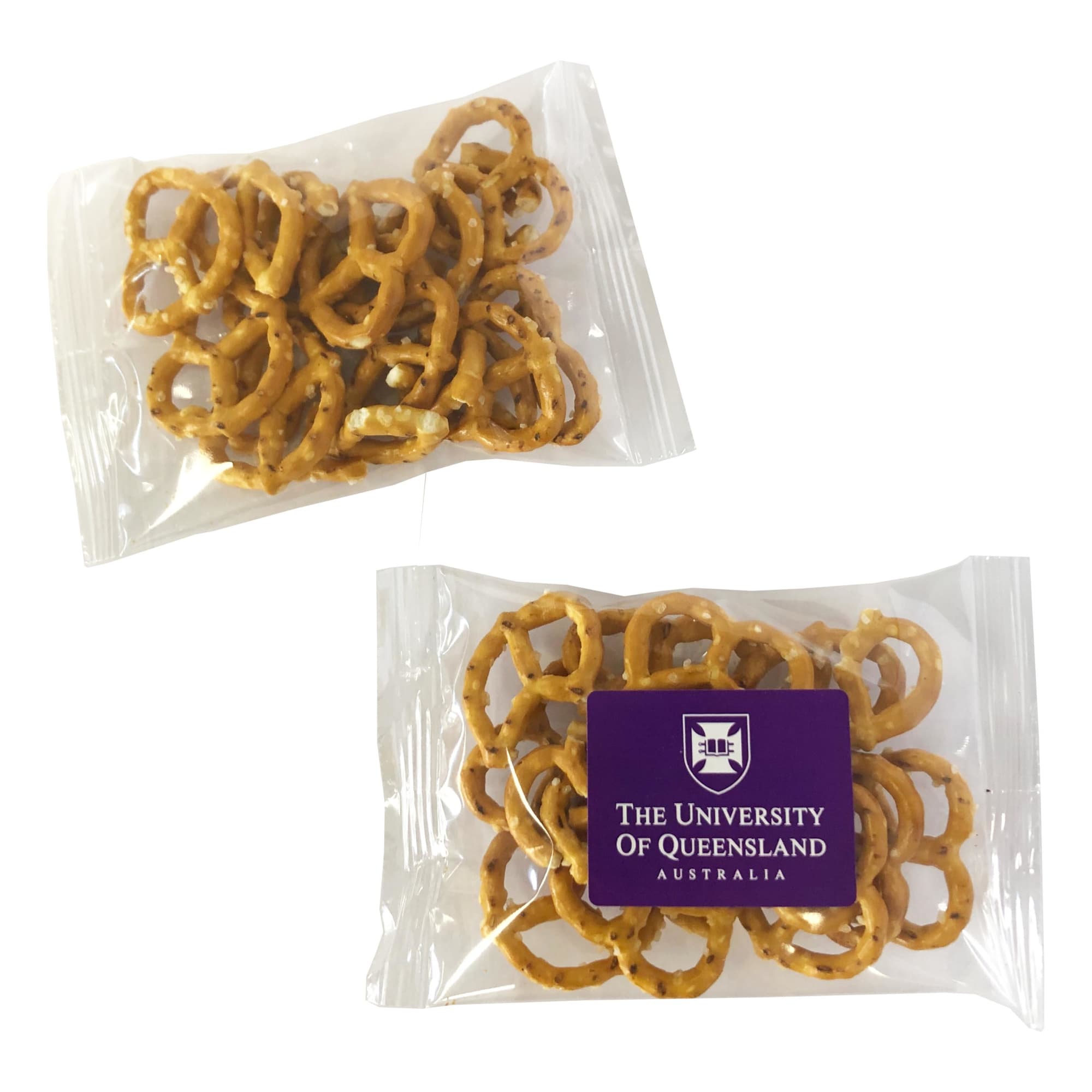 A clear plastic packet containing small, golden-brown pretzels, featuring a logo on the front. Pretzels 25g - Image 1