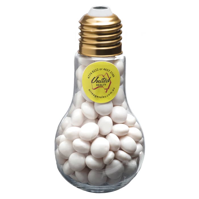 A light bulb-shaped container filled with white mints, featuring a gold top and a logo on the side. Light Bulb with Chewy Mints 100g - Image 1