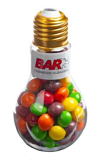 A light bulb-shaped container filled with vibrant Skittles in various colours, featuring a gold cap and a logo. Light Bulb with Skittles 100g - Image 1