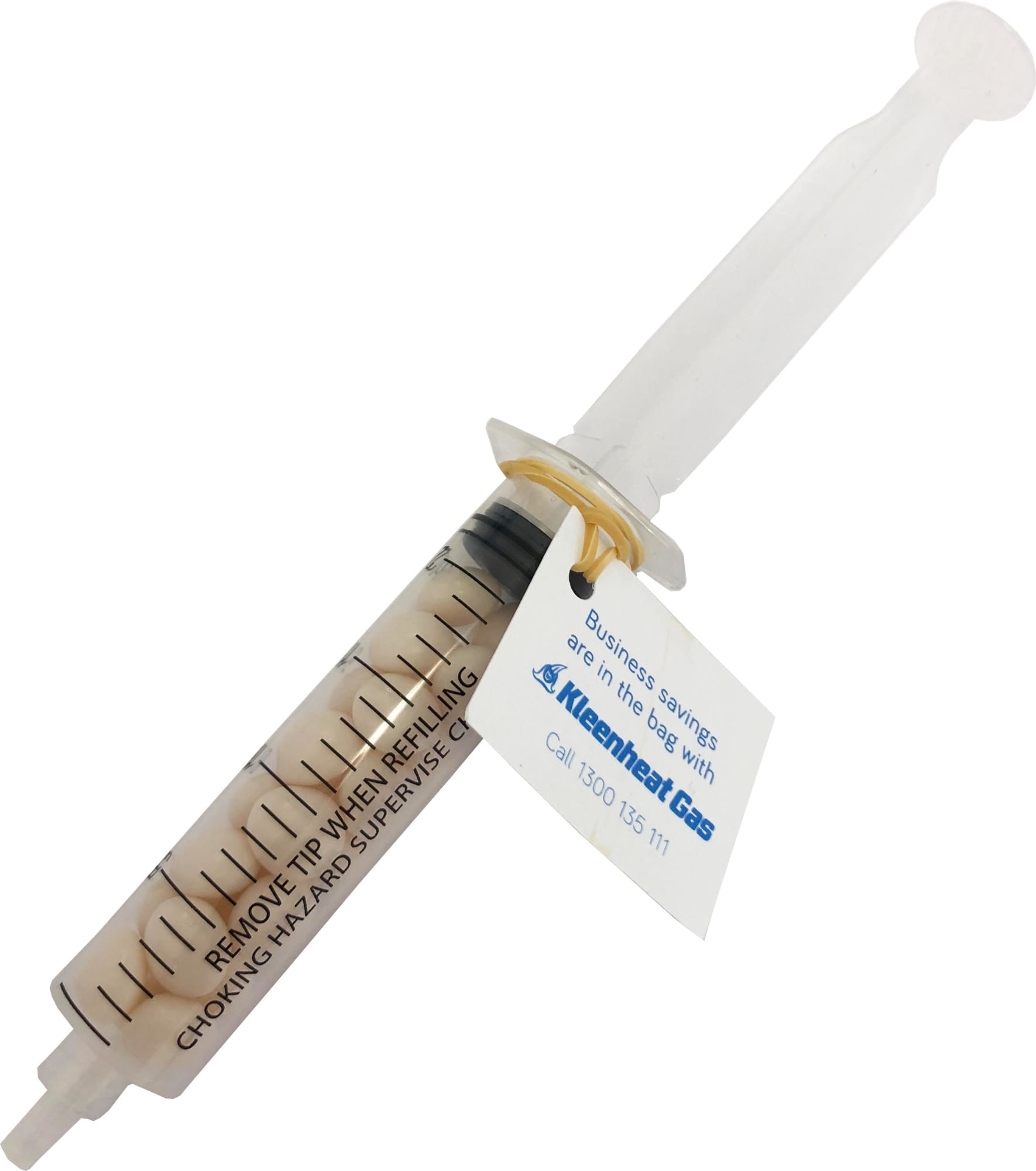 A syringe filled with white mints, featuring a clear plastic body and an attached tag with a logo. Syringe with Mints 20g - Image 1