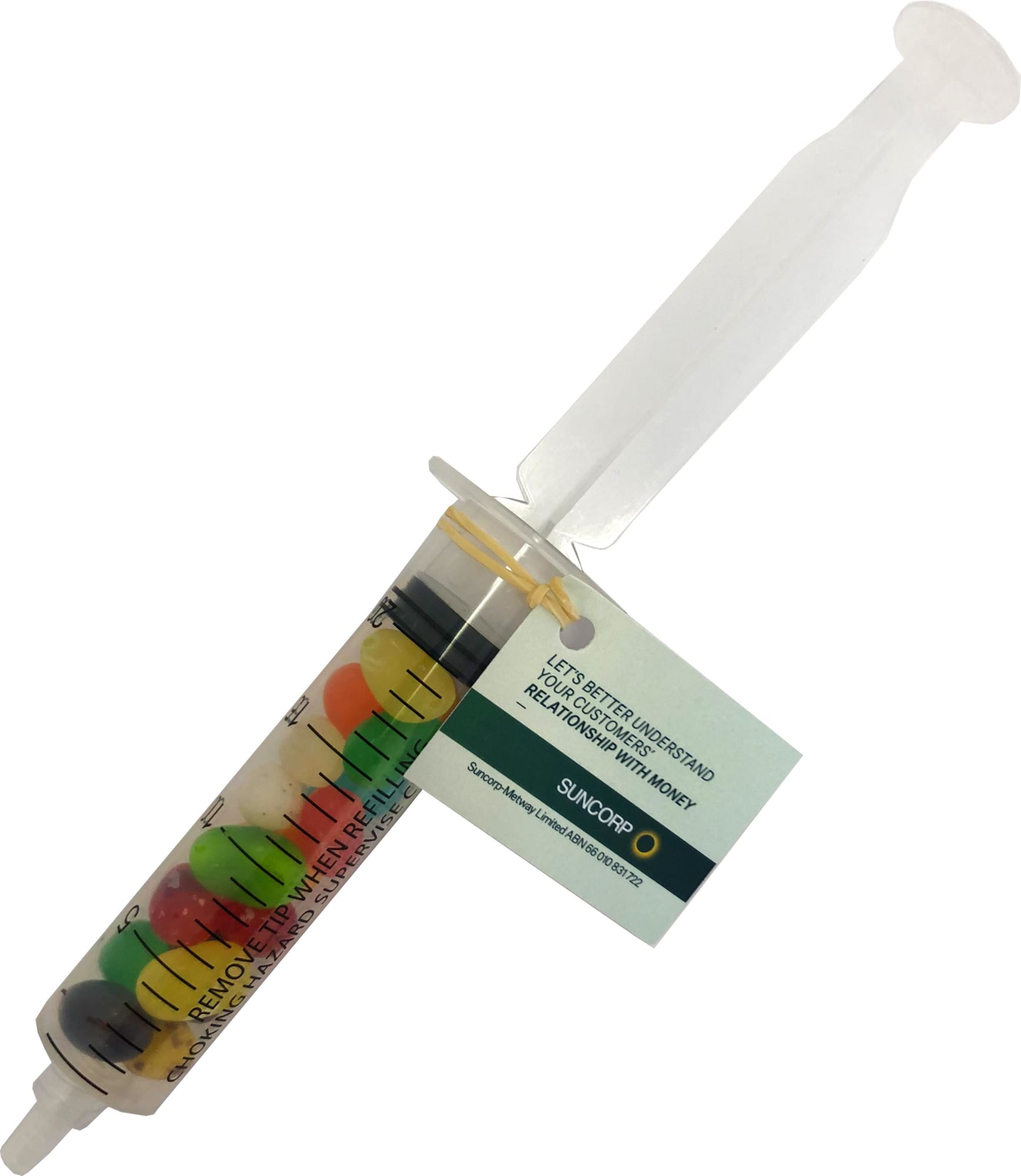 A syringe filled with multicoloured JELLY BELLY jelly beans, featuring a clear barrel and a plastic plunger. Syringe with JELLY BELLY Jelly Beans 20g - Image 1