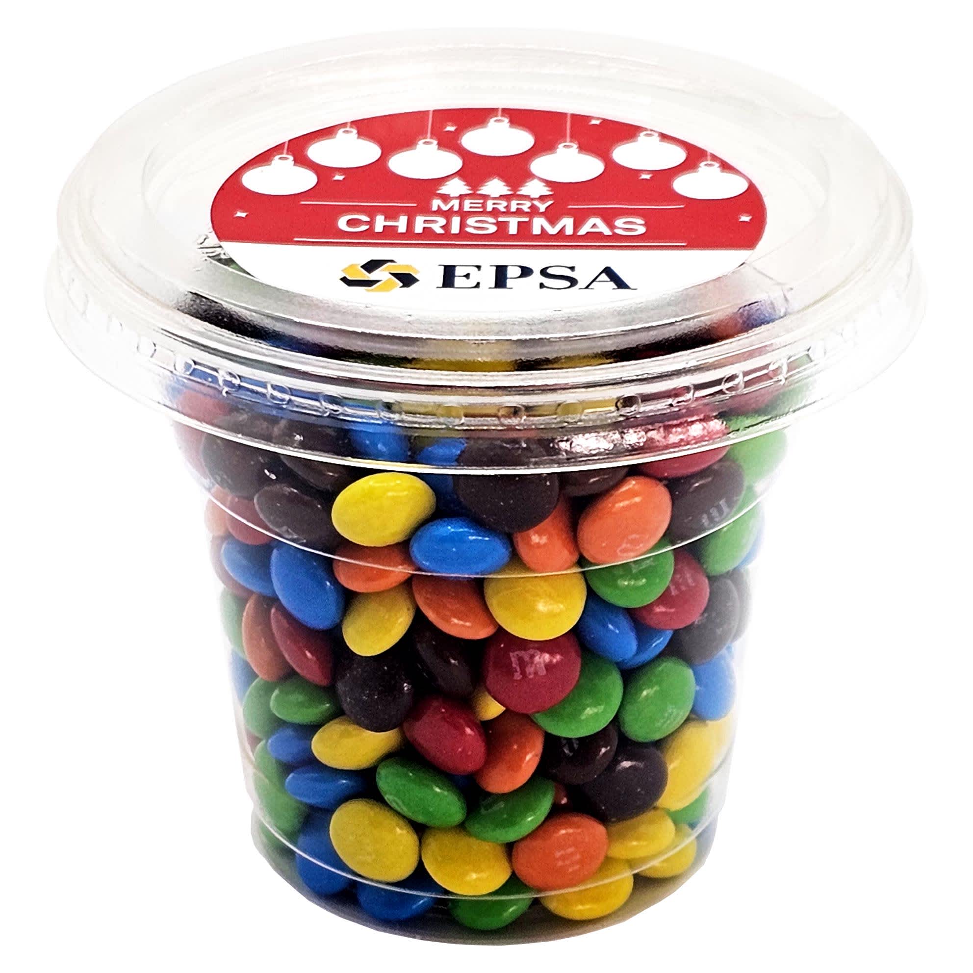 A clear tub filled with colourful Mini M&Ms, featuring blue, green, yellow, red, and brown candies. Tub filled with Mini M&Ms - Image 1