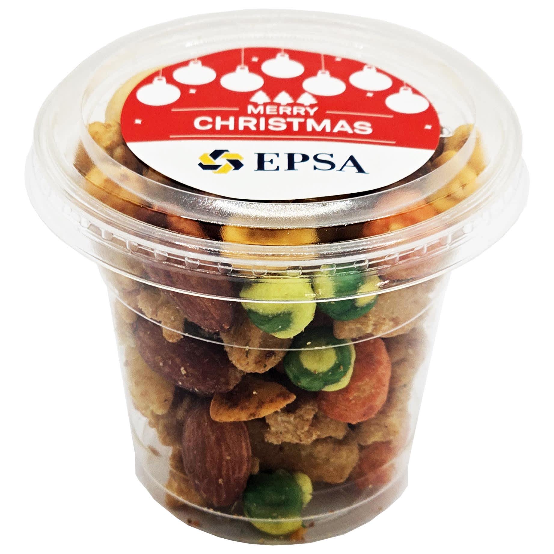 A clear tub filled with a mix of colourful nuts and savoury snacks, featuring a festive lid with a logo. Tub filled with Bar Mix - Image 1
