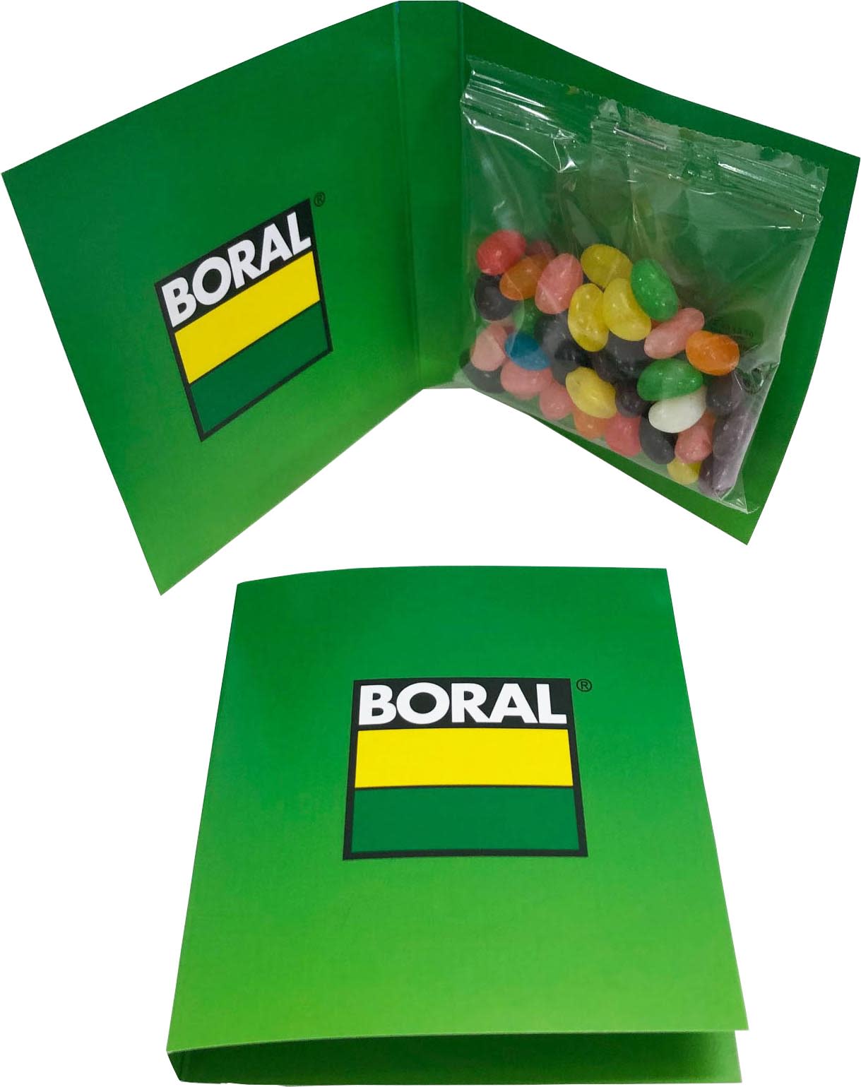 A green gift card holding a clear bag of colourful jelly beans, featuring a logo on the front cover. Gift Card with Mini Jelly Beans 50g - Image 1