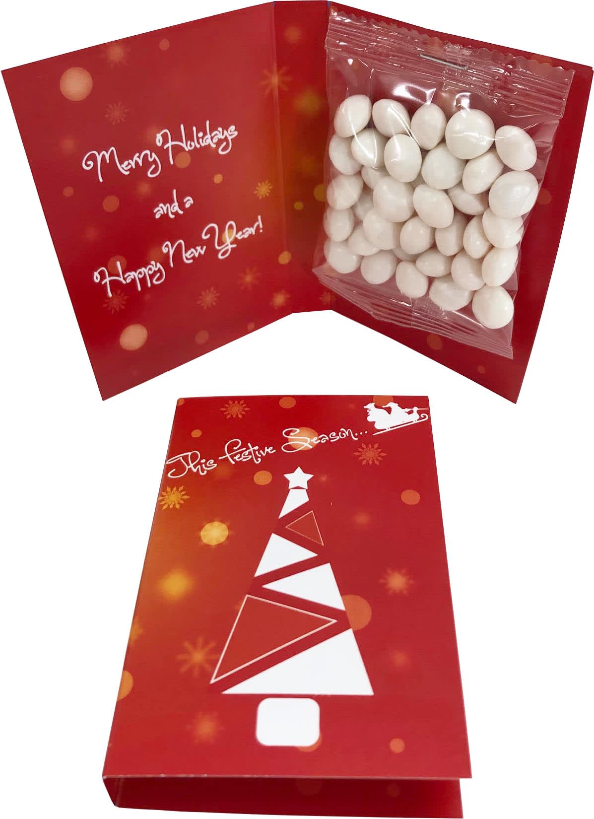 A red gift card with a packet of white mints inside, featuring a festive design and a logo. Gift Card with Chewy Mints 25g - Image 1