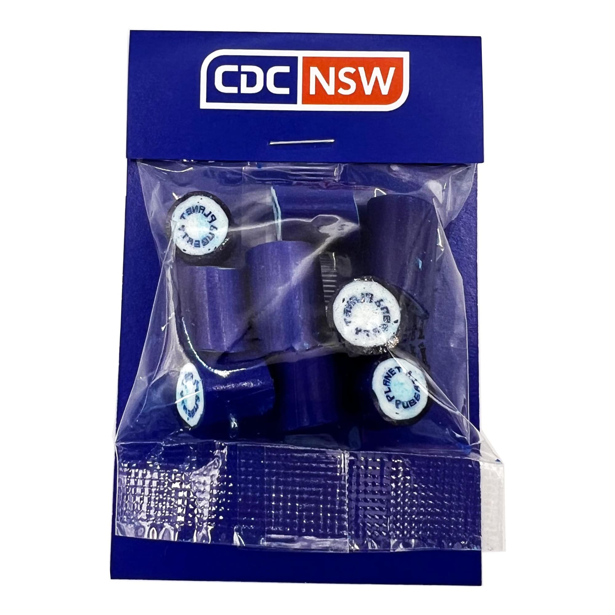 A pack of blue rock candy pieces in a clear bag, featuring a logo on the packaging. Billboard with Rock Candy 20g - Image 1