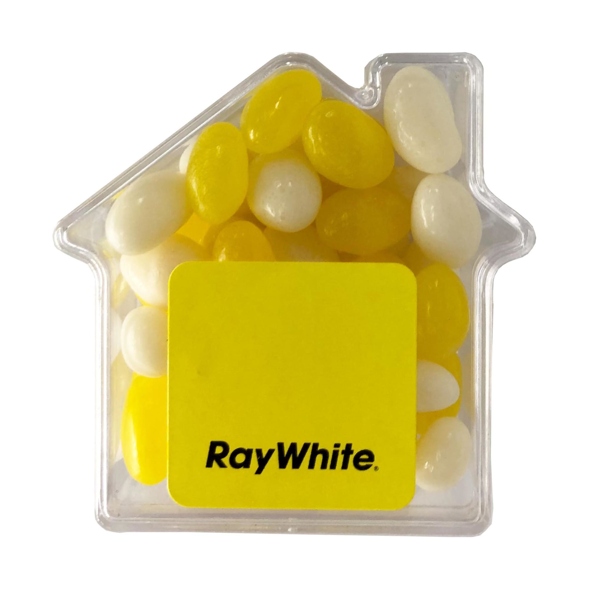 A clear acrylic house-shaped container filled with yellow and white jelly beans. It features a logo on the front. Acrylic House with Mini Jelly Beans 50g - Image 1
