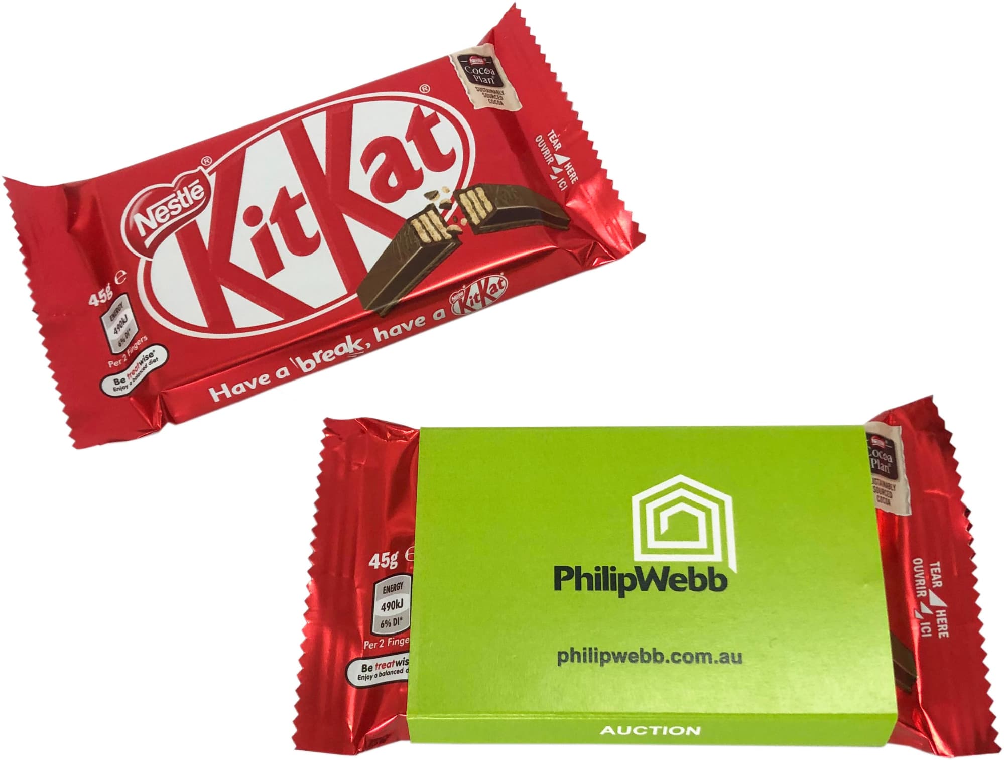 A red KitKat chocolate bar with a green sleeve packaging, featuring branding and product details. Kit Kat 42g with Sleeve - Image 1