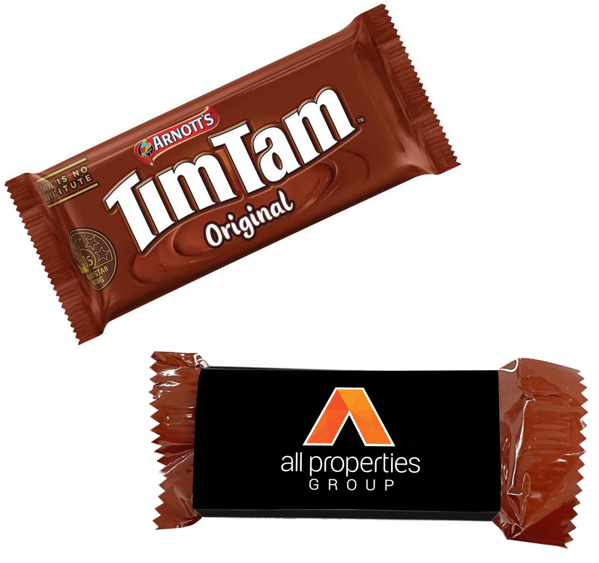 A Tim Tam biscuit in a brown wrapper with branding, displayed alongside a brown sleeve featuring a logo. TimTam Biscuit with Sleeve - Image 1