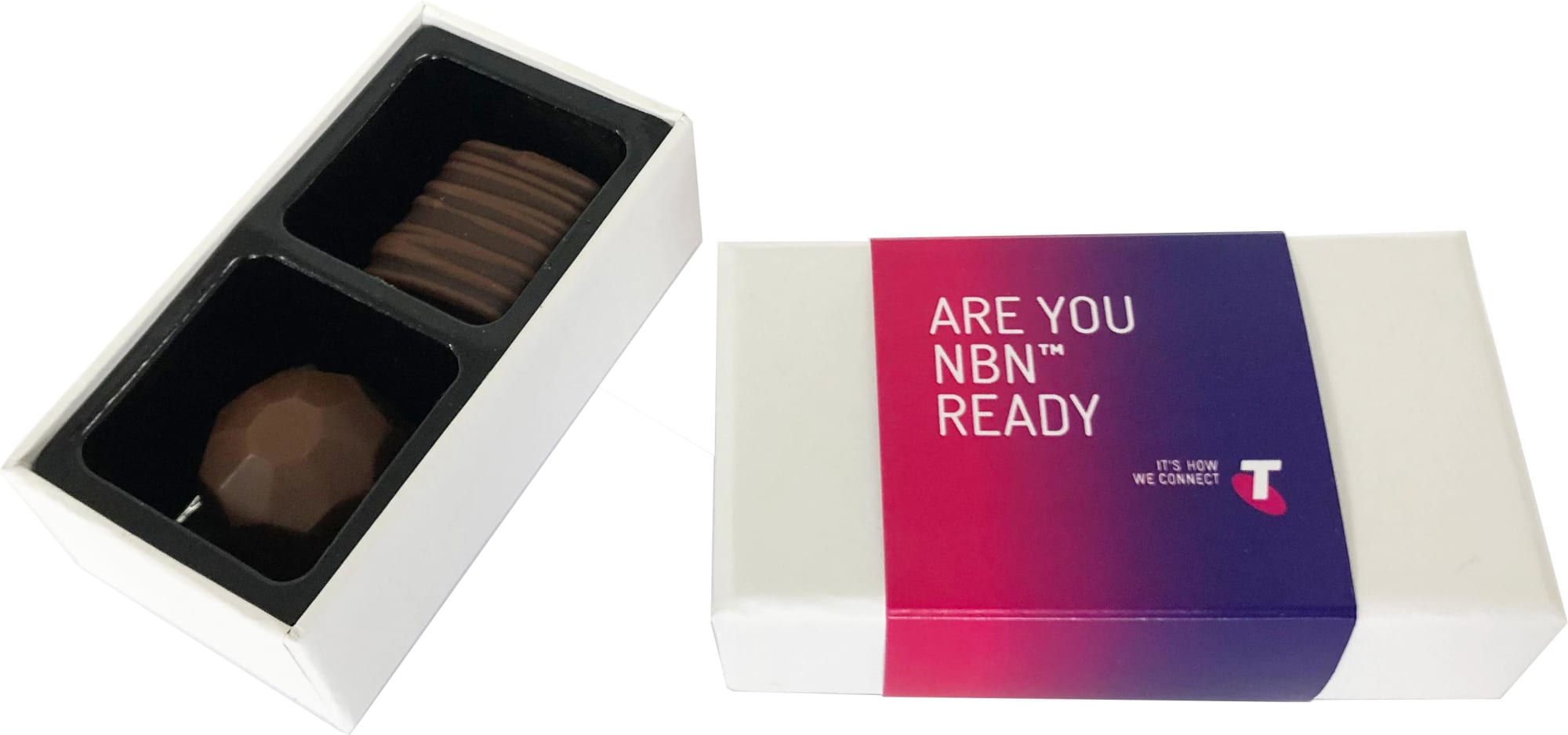A white box containing two chocolate treats, one with a smooth surface and the other with ridges, featuring a logo. 2 Pack Choc Box - Image 1