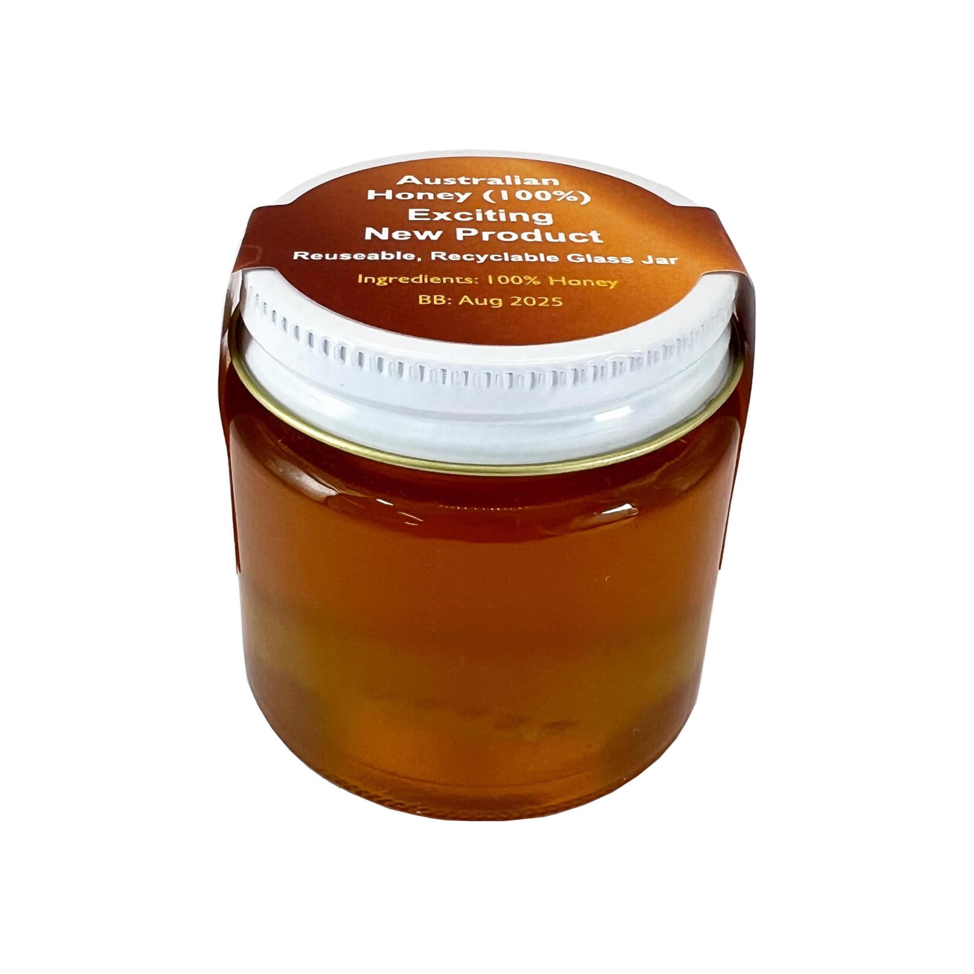 A glass jar filled with amber honey, featuring a lid and a logo. The jar is reusable and recyclable. Honey - Image 1