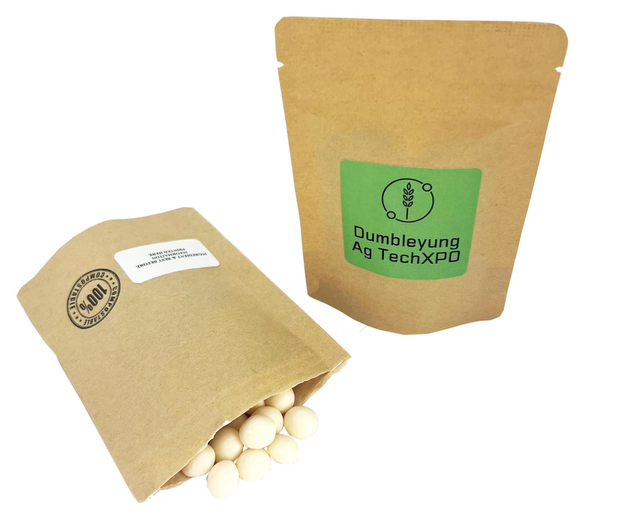 A compostable bag containing chewy mints, featuring a natural brown colour and a green logo. Compostable Bag with Chewy Mints 50g - Image 1