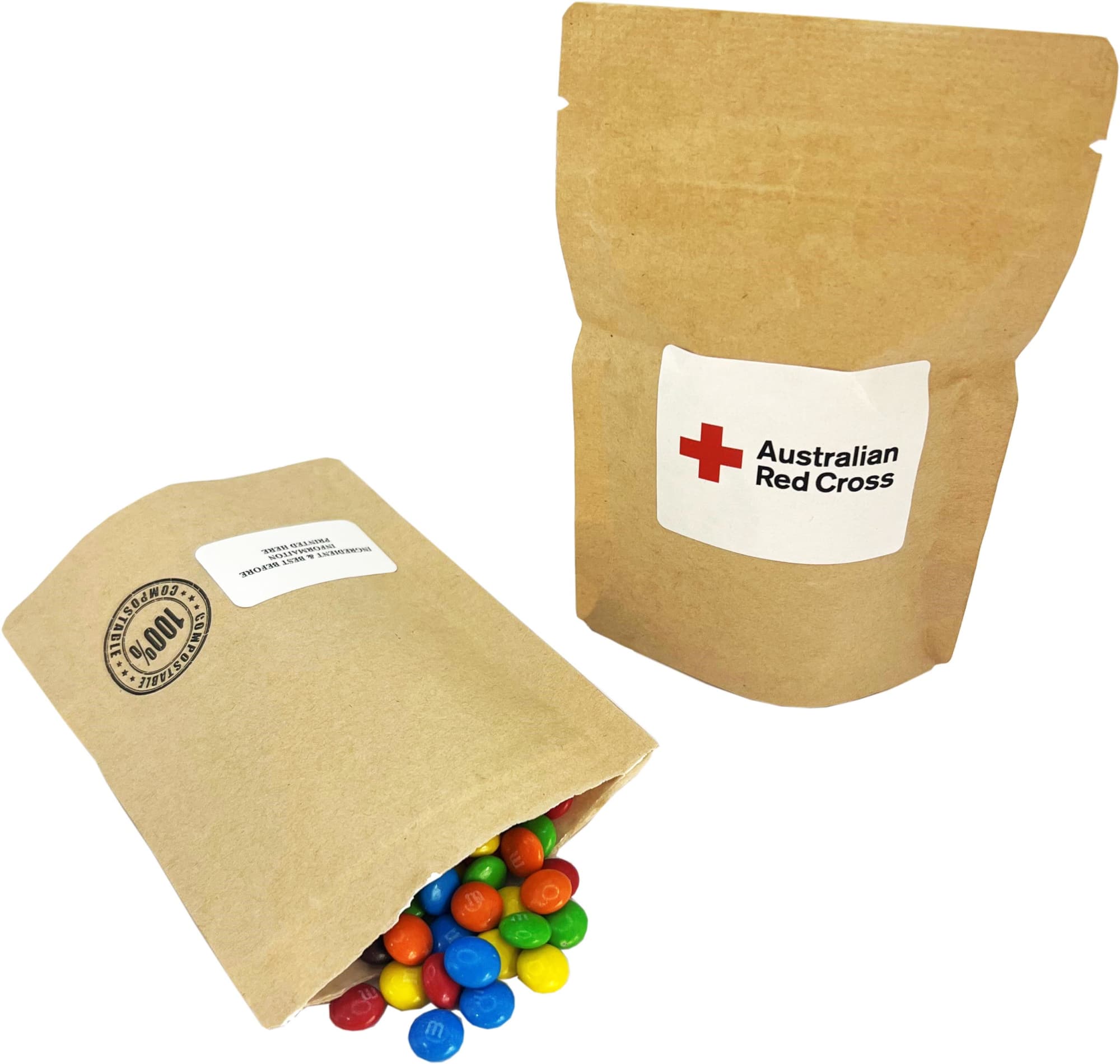 A compostable bag containing colourful M&Ms spilling out, with a simple natural kraft design and a logo. Compostable Bag with Mini M&Ms 50g - Image 1