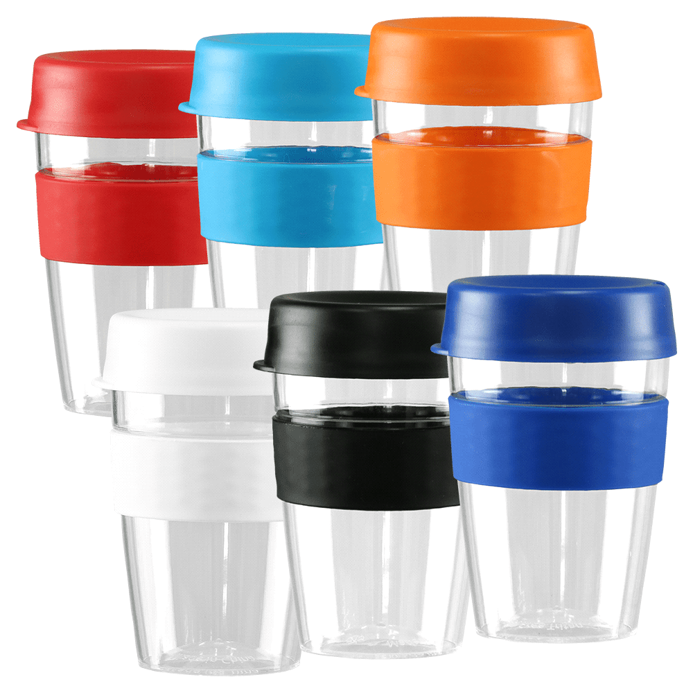 A drink bottle collection featuring Tritan carry cups in red, blue, orange, black, and white with lids and bands. Tritan Carry Cup w/ Lid & Band 360ml - Image 1