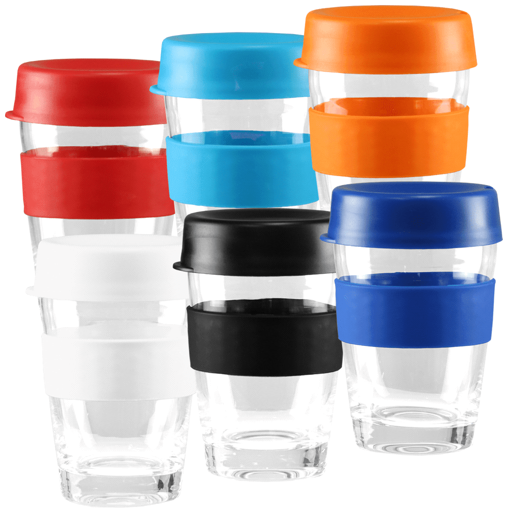 A drink bottle set featuring reusable coffee cups in red, blue, orange, black, and white with silicone lids and sleeves. Carry Cup Glass 340ml - Image 1
