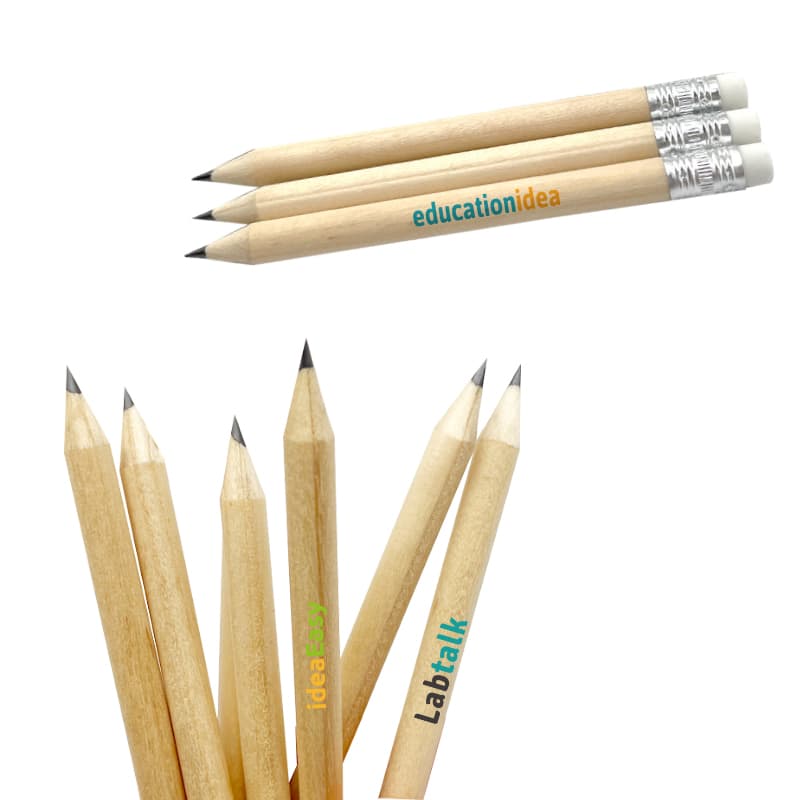 Short pencils with erasers, featuring natural wood finish and grey lead tips, with some displaying branding. Short Pencil - with Eraser - Image 1