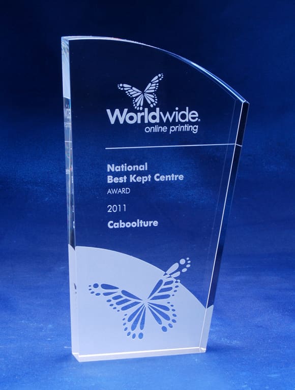 A clear optical crystal award with an asymmetrical arch design, featuring a butterfly graphic and a logo. Optical Crystal Asymetrical Arch - Image 1